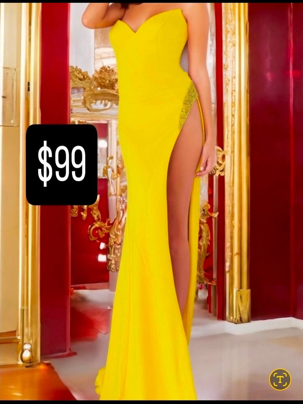 Jovani Strapless Yellow High-Slit Evening Gown